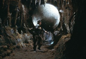 Indiana Jones rolling from a gigantic ball during the opening of 'Raiders'