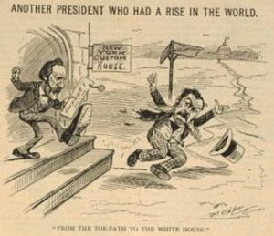 political cartoon: Hayes kicks Arthur out